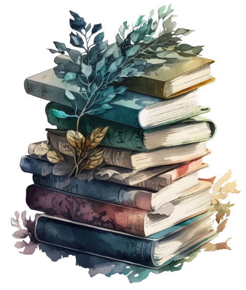 Stack of colorful books with decorative leaves